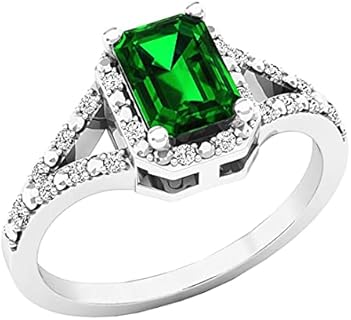 Dazzlingrock Collection 7x5mm Emerald Cut Lab Created Emerald & Round White Diamond Halo Split Shank Engagement Ring for Women in 925 Sterling Silver
