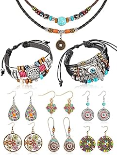 Bohemian Vintage Dangle Earrings & Turquoise Bead Necklace Set with Lobster Clasp for Women - Retro Rhinestone & Alloy Design