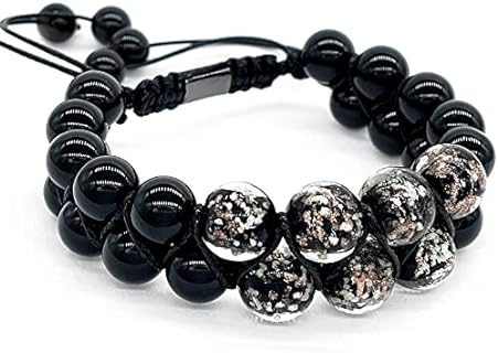 Buckle Clasp Glow-in-the-Dark Firefly Bead Bracelet with Braided Rope Chain, featuring Black Obsidian Gems- Unisex Design for Healing Energy and Stress Relief