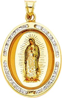 14k Yellow Gold CZ Cubic Zirconia Simulated Diamond Virgen De Guadalupe Picture Pendant Necklace 17x20mm Jewelry for Women