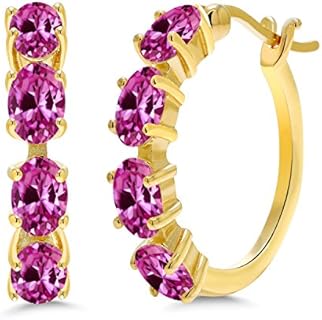 Gem Stone King 18K Yellow Gold Plated Silver Pink Created Sapphire Hoop Earrings For Women (4.00 Cttw, Gemstone Birthstone, Oval 6X4MM)