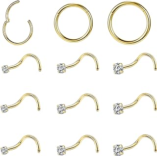 12Pcs 18G 20G Nose Rings Studs Hinged Hoop Nose Rings for Women Men Corkscrew Bone L Shaped Nose Studs Hypoallergenic 316L Surgical Steel Nose Piercings Jewelry Small Silver Gold
