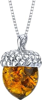 PEORA Genuine Baltic Amber Acorn Pendant Necklace and Earrings for Women 925 Sterling Silver, Rich Cognac Color