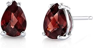 Peora Solid 14K White Gold Garnet Earrings for Women, Genuine Gemstone Birthstone Solitaire Studs, 7x5mm Pear Shape, 1.75 Carats total, Friction Back
