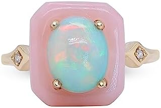 Gin & Grace 14K Yellow Gold Natural Ethiopian Opal and Pink Opal Ring with Diamonds for women | Ethically, authentically & organically sourced (Oval-cut) shaped opal hand-crafted jewelry for her | Opal Ring for women