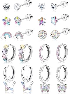 YADOCA 10 Pairs Hypoallergenic Screw Back Earrings For Girls Women Surgical Steel Small Huggie Hoop Earrings Cute CZ Butterfly Star Dangle Hoop Earrings 20G Screwback Stud Earrings Set For Sensitive Ears