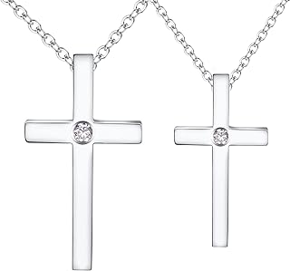 His and Hers Matching Set Simple Cross Pendant Necklace with Central Cubic Zirconia Stone for Men and Women, loyal love symbol