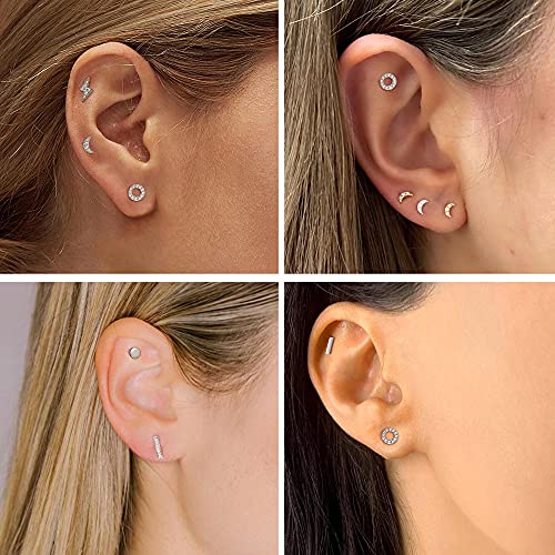 6 Pairs Sterling Silver Stud Earrings Hypoallergenic Earrings Stud Bar Circle CZ Stud Earrings Lightning Bolt Earrings Tiny Stud Earrings Set White Gold Plated Cartilage Earrings Studs for Women