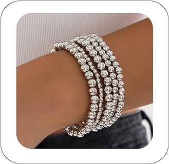 5PCS Gold & Silver Stretch Bead Bracelets with a Bead Chain and Lobster Claw Clasp for Women, Elegant & Stackable, Ideal for Wedding/Birthday Gift