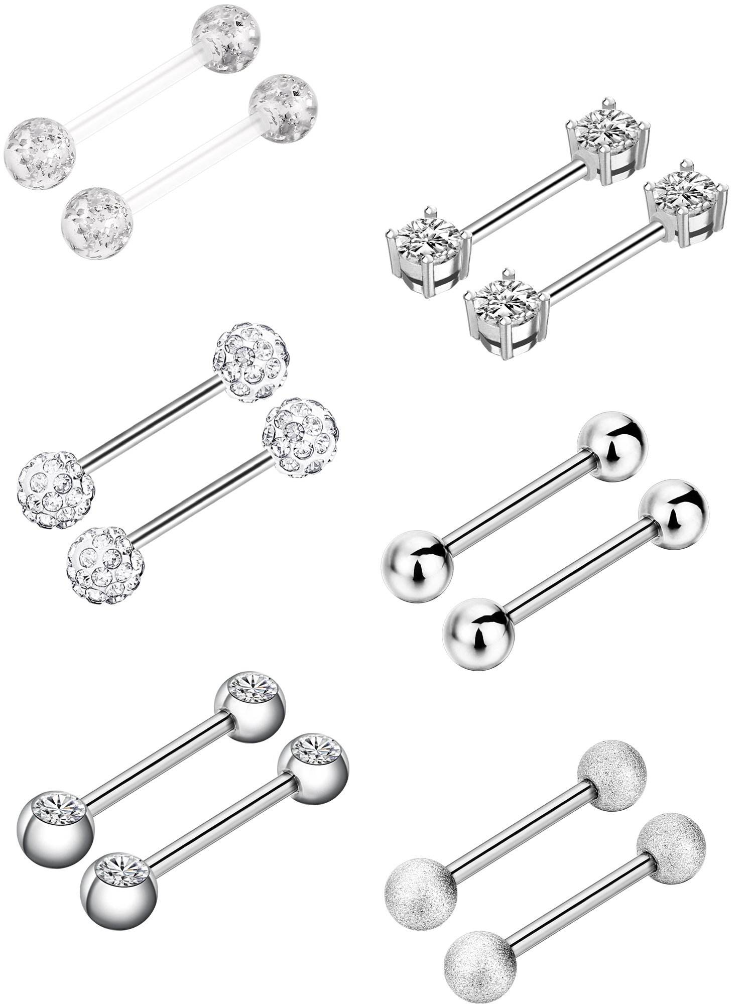 6 Pairs Nipple Bars Surgical Stainless Steel Piercing Titanium Barbell Ring Tongue Ring Cubic Zirconia Nipple Rings Body Piercing Jewelry, 14 Gauge