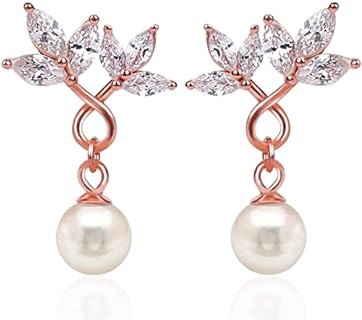 14K White Gold Plated Sterling Silver Pearl Drop Earrings with Cubic Zirconia Accents For Women & Bridesmaids, Ideal Wedding & Prom Jewelry Gift Box Included