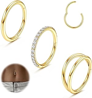 Lolias G23 Titanium Double Hoop Belly Button Rings adorned with AAA+ Cubic Zirconia, 14G Navel Piercing Jewelry Set in Gold & Silver Tones, Hypoallergenic - Ideal Gift for Women (3 Pcs, 10mm & 12mm sizes)