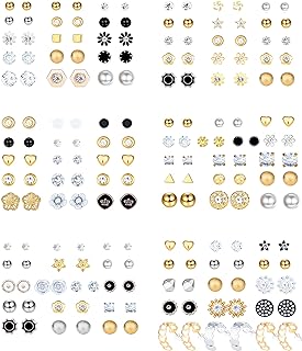 Magitaco 92 Pairs Small Stud Earrings Set for Women Men Simple Triangle Circle Ball Earrings Stud Black Silver Gold Pearl Rhinestone Cute Earrings Pack