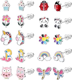 10 Pairs FASACCO Hypoallergenic Screw Back Stainless Steel Stud Earrings Set with Multicolored CZ Gems – Heart, Butterfly, and Ball Designs for Women