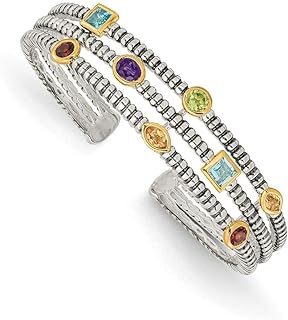 925 Sterling Silver Bezel Polished With 14k Gemstone Cuff Stackable Bangle Bracelet Measures 14mm Wide Jewelry Gifts for Women