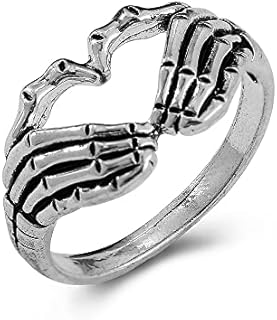 Antique Silver Gothic Skull Hand Ring with Alloy Gem for Men - Unique Love Heart Gesture Design - Durable Metal Alloy, Size 6