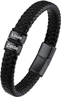 U7 Custom Beaded Name Bracelet for Men - Black Leather and Stainless Steel Design with Unique Clasp and Braided Chain - Ideal Gift for Husband, Dad, or Son