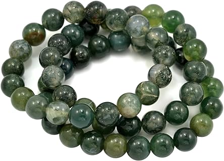 Set of 3 Elastic Moss Agate Bead Chain Bracelets for Women and Men, No Clasp, Natural Gemstone Design