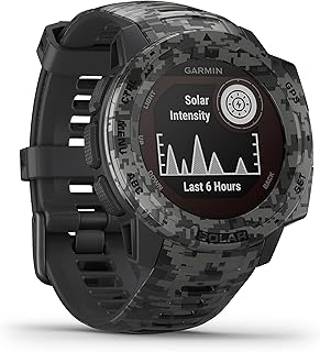 Montre Triathlon Garmin Instinct Solar Camo pour Sportifs, avec GPS avancé, 16 MB stockage et chargement solaire. Parfait pour les amateurs de plein air