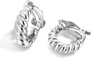Silver Clip on Chunky Earrings for Women Clip on Hoop Thick Earrings Trendy Dainty Earrings Non Pierced Hypoallergenic Lightweight Minimalist Clip On Earrings for Women