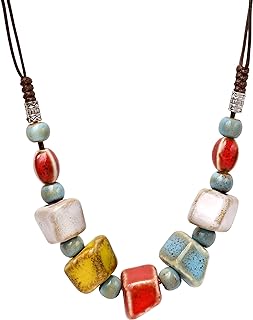 Boho Hippie Colorful Ceramic Bead Strand Necklace Bohemian Jewelry Gift for Women