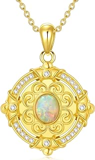14K Gold Plated Opal Necklace for Women Oval Opal Pendant Necklace 925 Sterling Silver Coin Necklace Vintage Opal Necklace Birthday Anniversary Jewelry Gift Vintage Opal Jewelry Gift