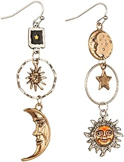 Vintage Sun Moon Star Dangle Earrings for Women Girls, Greek Mythology Asymmetric Drop Earrings (Gold)