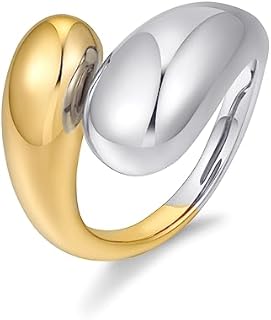 Adjustable Two-Tone Gold and Silver WOWORAMA Chunky Open Rings for Women with no Gem- Teardrop Dome Design