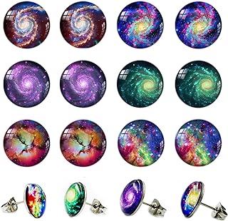 6 Pairs Christmas Earrings Yin Yang Earrings Colored Starry Sky Rainbow Stud Earrings Set the galaxy pattern Stainless Steel Round Earrings 10MM Jewelry for Women
