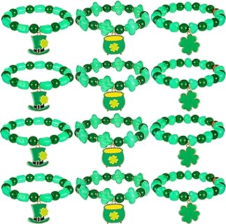 12 Pcs St. Patrick's Day Bracelet Irish Beaded Bracelets Green Stretch Bracelet Irish Bracelet for Women Green Leaf Charm Bracelet for Irish Festival Holiday Party Favor Jewelry Gifts Girls