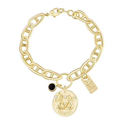GOVENUS Astrology Zodiac Sign Bracelet,14K Gold Plated Brass Antique Coin Pendant And Onyx Charm With 7 Inches Adjusted GICCI Chain,Perfect Gifts For Womens&Girls