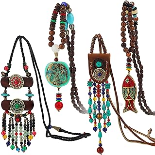 4 Pieces Long Boho Necklaces for Women, Bohemian Wood Beads Pendant Vintage Beaded Necklaces Turquoise Fish Elephant Necklace Chunky Nepal Necklace for Women Girl Jewelry