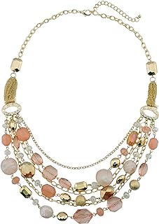 Peach Bead Necklace with Lobster Clasp & Crystal Chain for Women, Multi-Layer Design