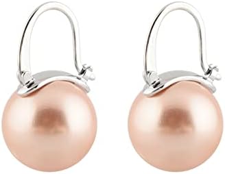 Women's 14mm Pink Pearl Dangle Hoop Earrings with Sterling Silver Lever Back Clasp, Lightweight and Elegant Gift Option