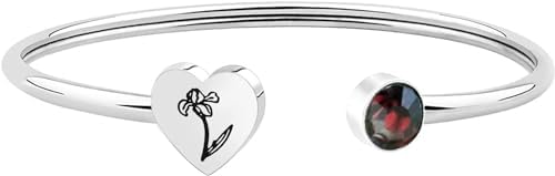 Women's Birth Flower Cuff Bracelet with Box Chain & Stainless Steel Birthstone - Elegant, Adjustable Stainless Steel Birthday Jewelry
