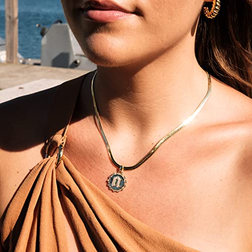 Herringbone Initial Disc Pendant Necklace 18'' | 5mm Thick Herringbone Choker Sparkle Coin Medallion Diamond Initial Letter Necklace