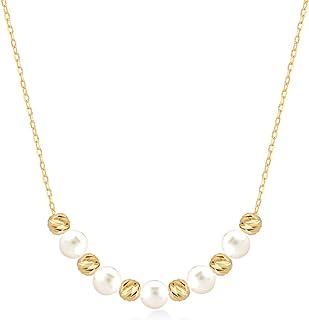 14k Yellow Gold Cable Chain Necklace with Majorica Pearls and Spring Ring Clasp, 18 Inches long, Exquisite Anniversary Gift