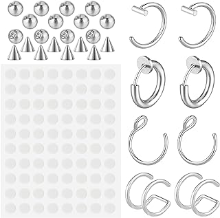 Telooco Fake Eyebrow Ring Fake Lip Piercing Studs Replacement Balls Spike Fake Nose Rings Hoop with 100Pcs Sticker Non-Piercing Body Jewelry Skin Piercing