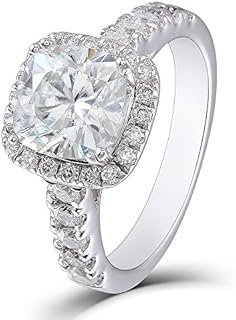 DovEggs 2 Carat Cushion Cut Moissanite Halo Engagement Ring in Sterling Silver for Women, Platinum Plated Design