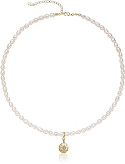 S.J JEWELRY Freshwater Pearl Necklace for Women 5mm Dainty Pearl Choker Necklaces 14K Gold Plated Rainbow Moon Pendant Handmade Jewelry Gift