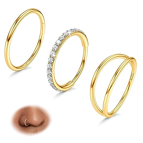 BodyBonita 20G Gold Nose Rings Hoops - 3pcs Surgical Steel Double Hoop Nose Rings Hinged CZ Conch Piercing Jewelry Septum Clicker Lip Rings Cartilage Earring Helix Rook 9mm