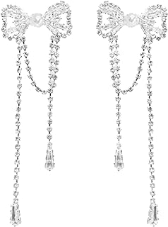 Silver Crystal Bow Drop Earrings with Dangle Back Finding & Zinc Metal for Women and Girls - Lightweight Tassel Design Jewelry Set