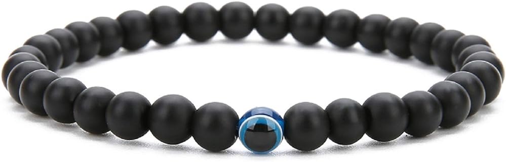 COLORFUL BLING Lucky Evil Eye Blue Beaded Charm Stretch Bracelet Black Agate Beads Gemstone Lava Stone Evil Eye Bracelet for Unisex