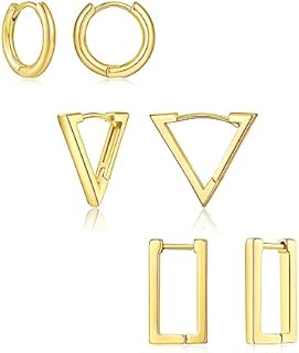Women's 14K Gold-Plated Triangle Huggies Hoop Earrings with Latch Back & Agate Accent, 2 Pairs in Gold & Silver-Tone