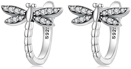Cute Dragonfly Small Hoop Earrings Sterling Silver 925 Cubic Zirconia Crystal Cartilage Tragus Earrings Huggie Hoops Lever Back Studs Earring Dainty Jewelry Gifts for Women Girls