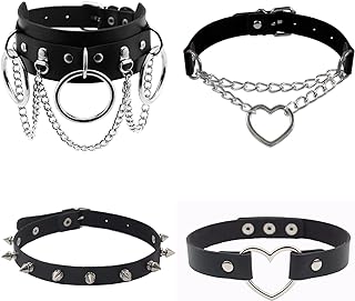 4Pcs Halloween Cool Steampunk Love Heart Shaped Gothic Goth Punk Rock Rivet Spike Studded PU Leather Choker Collar Necklace Sets for Women Lady Girl Adjustable Cosplay Jewelry Night Club Party Costume Accessory Chocker Gift Black
