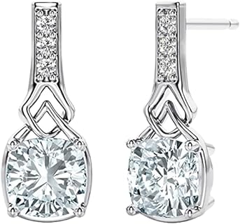 Peora Aquamarine and Lab Grown Diamond Link Cathedral Drop Earrings in Sterling Silver, 1.50 Carats total Cushion Cut 6mm, Friction Backs