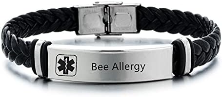 Medical Bracelets for Adults Teens,Adjustable Braided Leather Wristband Emergency Identification Cuff Bracelets Health Alert Systems Awareness Jewelry for Men Women