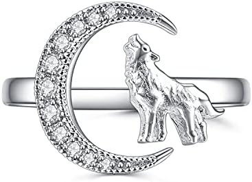 Adjustable Wolf Wedding Ring with Cubic Zirconia Gem Embellishment in Sterling Silver for Women and Girls, Size 7 by POPLYKE
