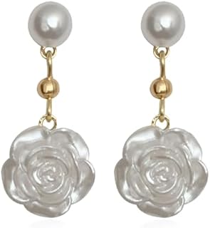 White Camellia Stud Earrings for Women Girls Pearl Rose Flower Dangle Drop Earrings Jewelry Gift